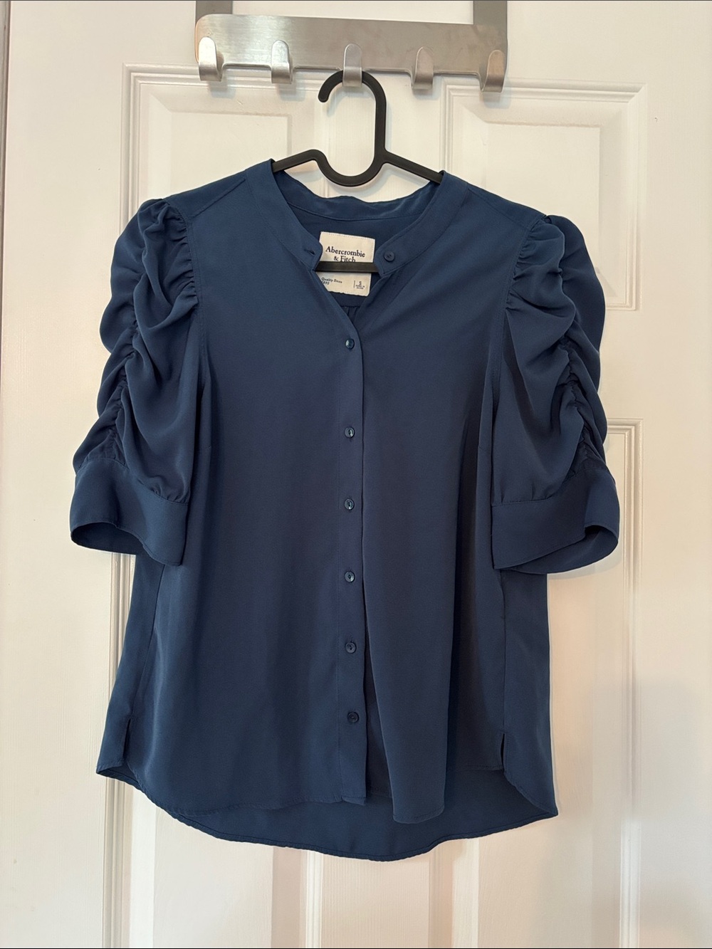 Abercrombie & Fitch Navy Button-Front Puff Sleeve Blouse